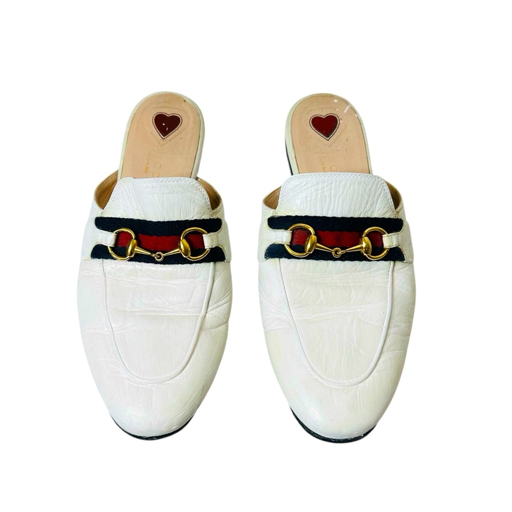 Gucci White Leather Mules with Gold Accents